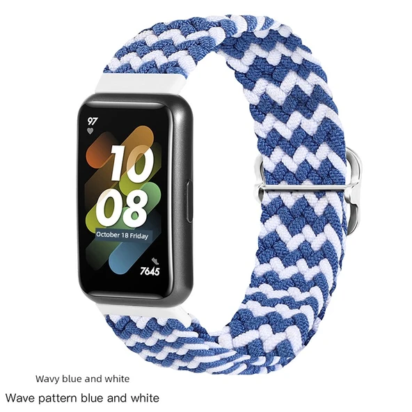 Huawei Bracelet 7 NFC Örgü Ayarlanabilir Kordon + HD Film - W Desen Mavi ve Beyaz