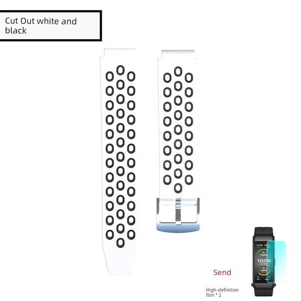 Huawei B6/B7 Akıllı Saat Kayışı + HD Film - Çevre Dostu Nefes Alabilir Silikon - Kesik Desenli Beyaz ve Siyah