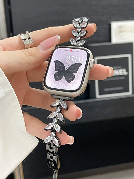 Apple iWatch S10 42mm için Siyah Taşlı Deniz Kızı Metal Kordon