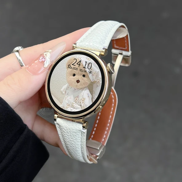 Huawei GT3/GT3pro (46mm) Litchi Desenli Beyaz Deri Manyetik Tokalı Kordon