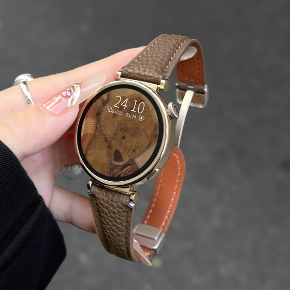 Huawei GT5/GT5pro/GT4 (46mm) Litchi Desenli Kahverengi Deri Manyetik Tokalı Kordon