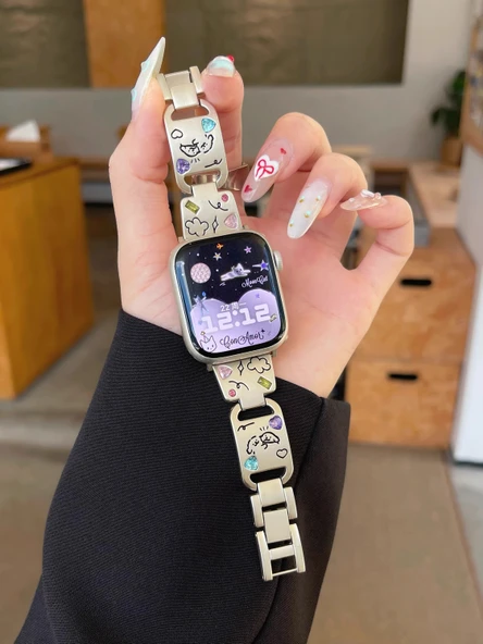 Huawei Fit Metal Kordon - Rose Gold Konnektör - Renkli Elmas Desenli Köpek Baskılı - Yıldız Işığı