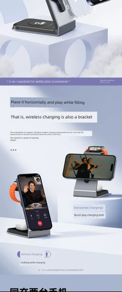 3'ü 1 Arada Kablosuz Şarj Aleti - iPhone, iWatch, AirPods - Saat Hediyeli - 9
