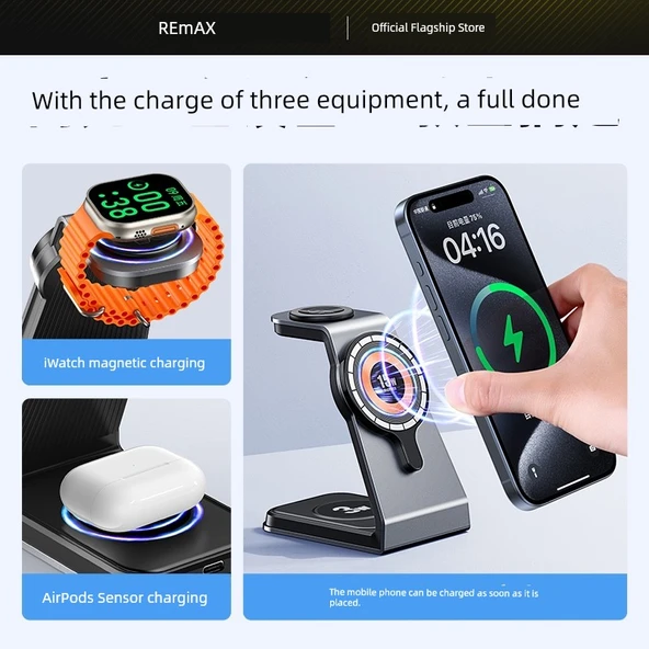 3'ü 1 Arada Kablosuz Şarj Aleti - iPhone, iWatch, AirPods - Saat Hediyeli - 3