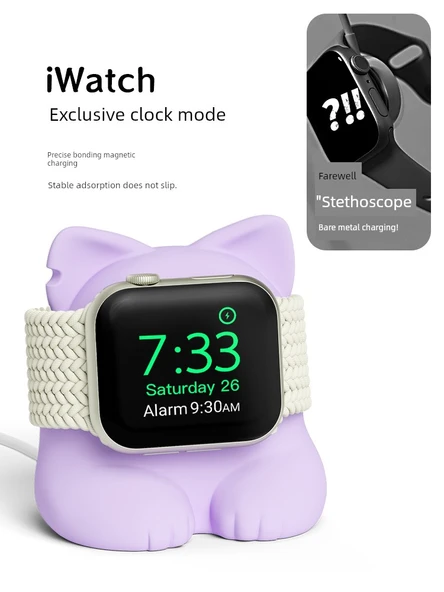 Manyetik Apple Watch Şarj Standı - Pembe Kedi Tabanlı - 5