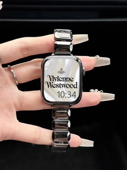 Apple iWatch Series 9/8/7 41mm için Siyah Metal Kelebek Tokalı Saat Kordonu