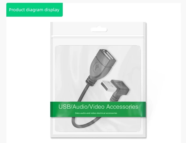 USB 2.0 Erkek - Dişi Dik Açılı Uzatma Kablosu - 50cm, USB Dişi Çift - USB Erkek Sol Bükümlü - 8