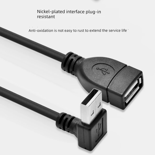 USB 2.0 Erkek - Dişi Dik Açılı Uzatma Kablosu - 50cm, USB Dişi Çift - USB Erkek Sol Bükümlü - 5