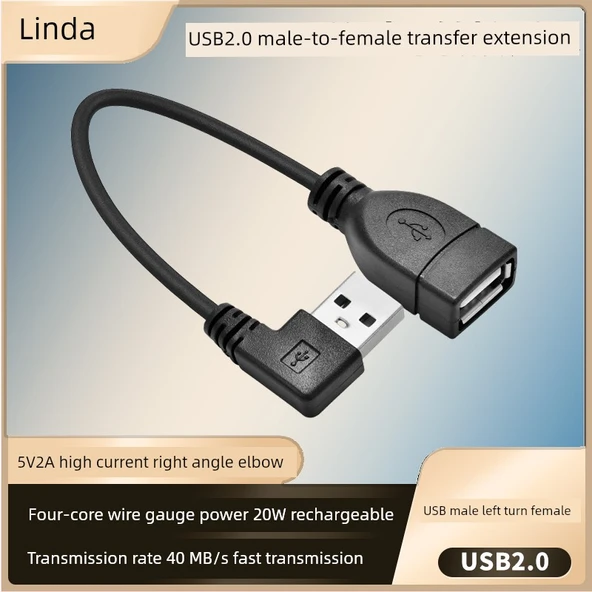 USB 2.0 Erkek - Dişi Dik Açılı Uzatma Kablosu - 50cm, USB Dişi Çift - USB Erkek Sol Bükümlü