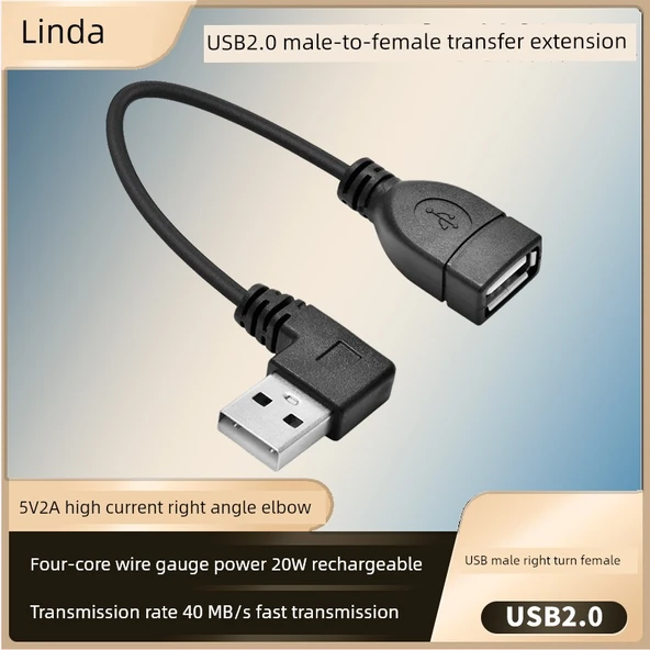 USB 2.0 Erkek - Dişi Dik Açılı Uzatma Kablosu - 50cm, USB Dişi Çift - USB Erkek Sağ Bükümlü