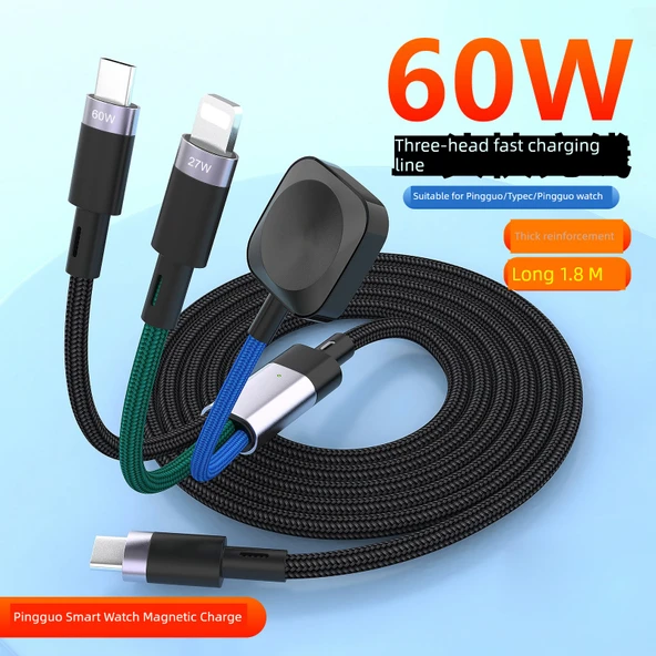 3'ü 1 Arada PD27W 60W Manyetik Kablosuz Şarj Aleti 1.2m - Siyah - Apple için