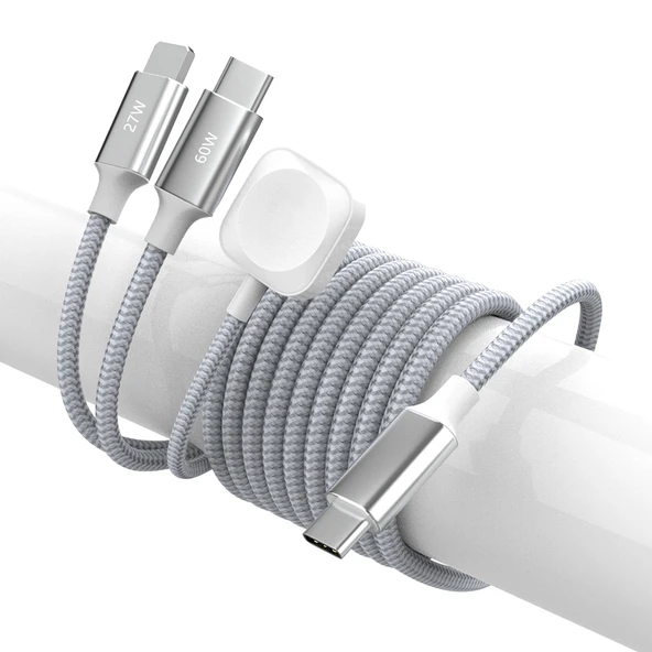 3'ü 1 Arada PD27W 60W Manyetik Kablosuz Şarj Aleti 1.2m - Gümüş - Apple için - 4