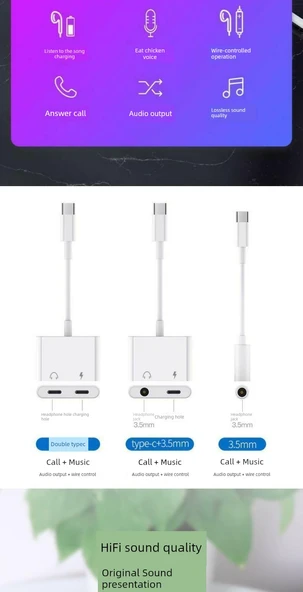 2'si 1 Arada Type-C - 3.5mm Dijital Ses Çevirici Adaptör - Tekli Paket - 7