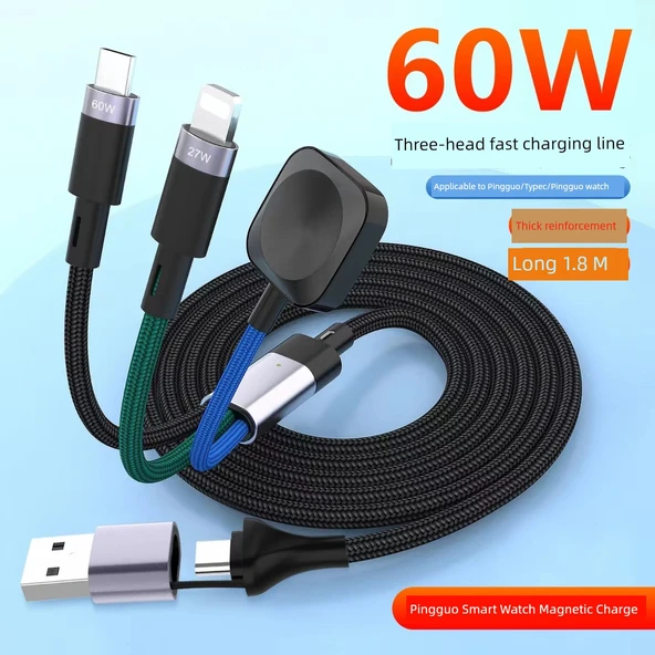 2'si 3 Arada PD27W 60W Manyetik Kablosuz Şarj Aleti 1.2m - Siyah - Apple için
