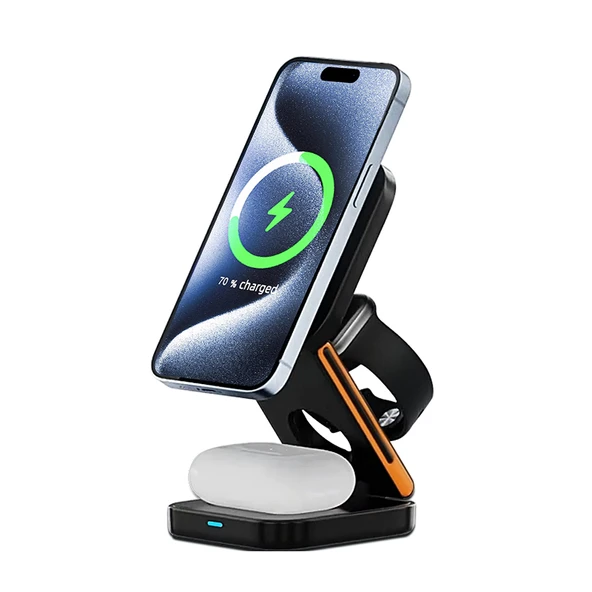 3'ü 1 Arada Kablosuz Şarj Aleti - Siyah (Telefon/Saat/Kulaklık + Hızlı Şarj Başlığı) - 4