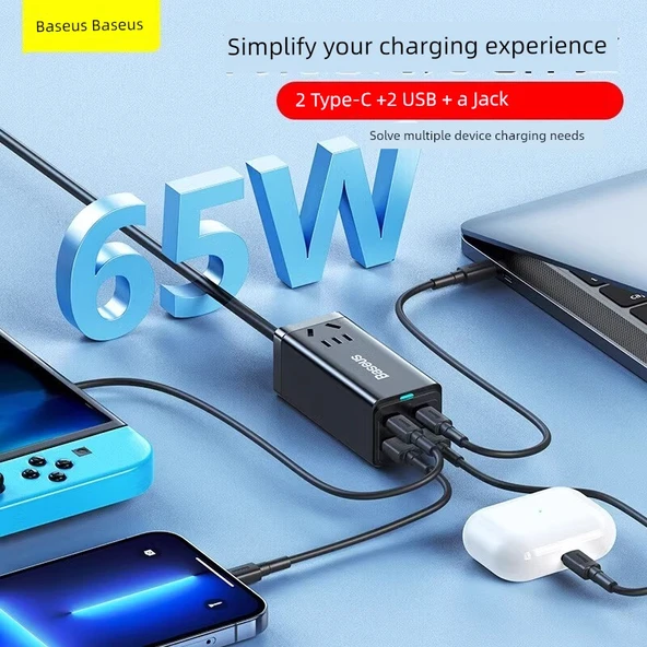 65W GaN Çoklu Port Şarj Aleti ve Akım Korumalı Priz - Siyah - 1 Metre 100W Hızlı Şarj Kablolu - 3