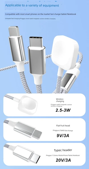 3'ü 1 Arada PD27W 60W Manyetik Kablosuz Şarj Aleti 1.2m - Gümüş - Apple için - 6