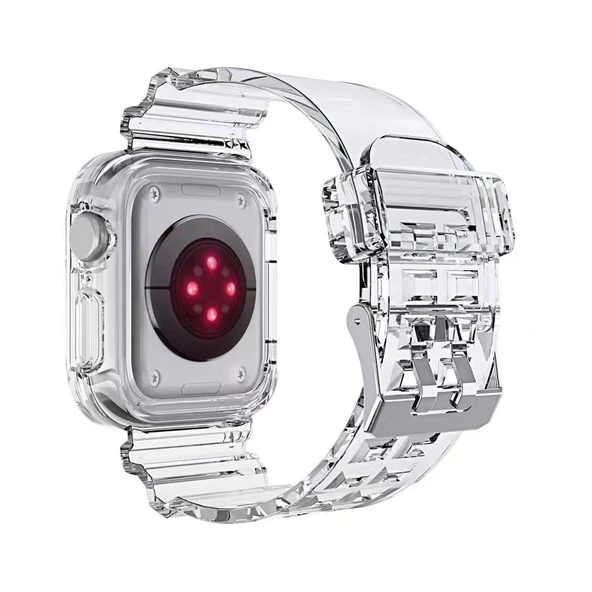 Apple Watch 9/8 Buzul Şeffaf Silikon Kordon 46mm - Ekran Koruyucu Film Hediyeli