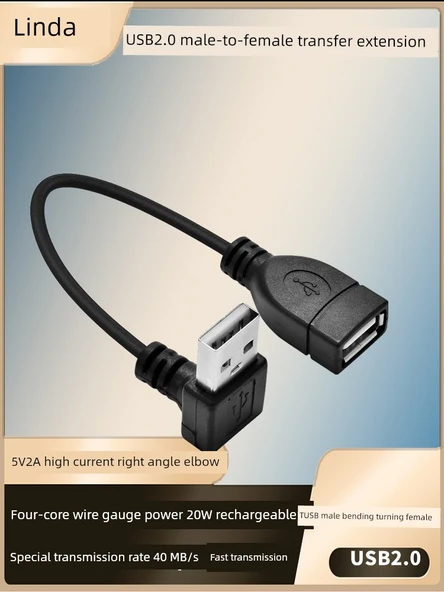USB 2.0 Erkek - Dişi Dik Açılı Uzatma Kablosu - 50cm, USB Dişi Çift - USB Erkek Sol Bükümlü - 2
