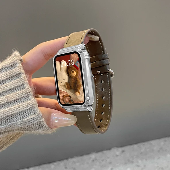 Xiaomi Bileklik 8 Pro Uyumlu Deri Kayış, Ekran Koruyucu ve Kılıf - Kola Kahverengi
