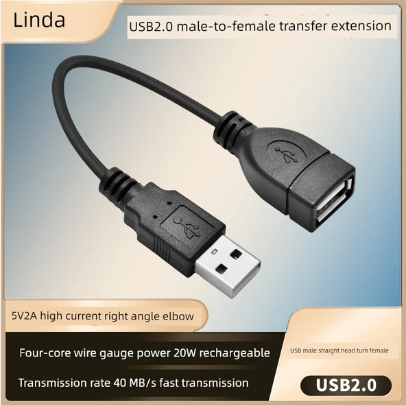 USB 2.0 Erkek - Dişi Dik Açılı Uzatma Kablosu - 100cm, USB Dişi - USB Erkek
