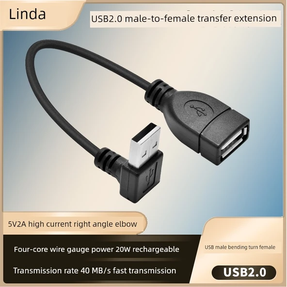 USB 2.0 Erkek - Dişi Dik Açılı Uzatma Kablosu - 100cm, USB Dişi - USB Erkek Bükümlü (Model 2)