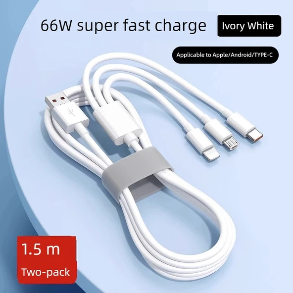 Üçlü Tip-C 66W Hızlı Araç Şarj Kablosu - 1.5m Fildişi Beyazı - 2'li Paket