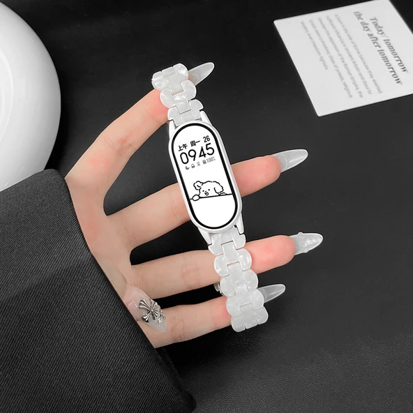 Xiaomi Bileklik 9/NFC için Seramik NFC Beyaz Reçine Akıllı Kordon - Çift Düğmeli Deri-Beyaz - 9