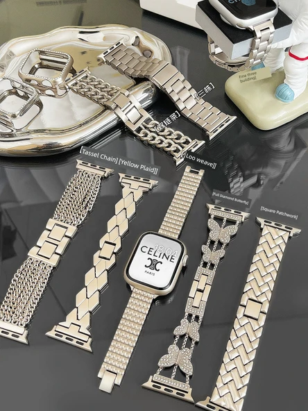 Elmas Kelebekli Apple Watch Kordonu - 46mm - Parlak Gümüş (Son 10 Nesil) - 8