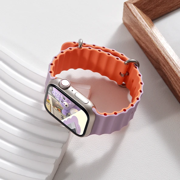 Apple Watch 42mm Uyumlu Turuncu Detaylı Açık Mor Deniz Silikon Kordon