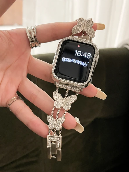 Elmas Kelebekli Apple Watch Kordonu - 46mm - Parlak Gümüş (Son 10 Nesil) - 2