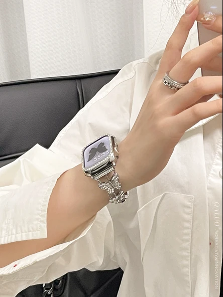 Elmas Kelebekli Apple Watch Kordonu - 46mm - Parlak Gümüş (Son 10 Nesil) - 5