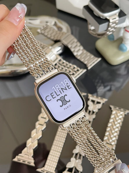 Tam Elmas Kelebekli ve Gümüş Taşlı Apple Watch Kordonu - 45mm - 9