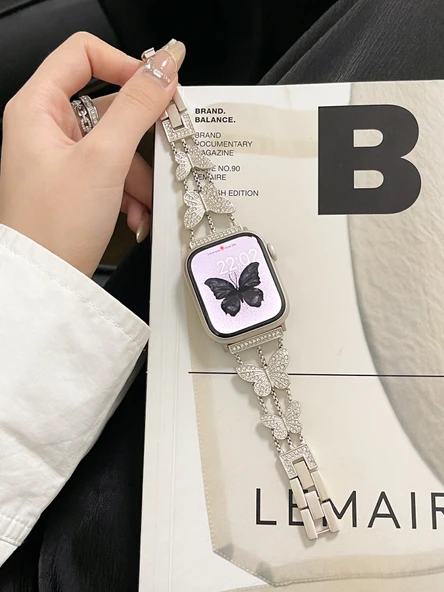 Elmas Kelebekli Apple Watch Kordonu - 42mm - Yıldız Işığı (Son 10 Nesil)