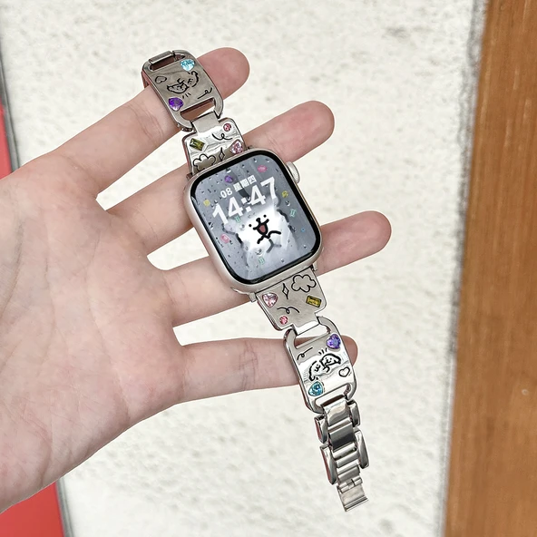 Metal Zirkon Köpek Desenli Apple Watch Kayışı - 41mm - iWatch 7/8/9 - Gümüş