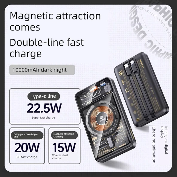 10000mAh Manyetik Kablosuz Powerbank - Koyu Gece Siyahı