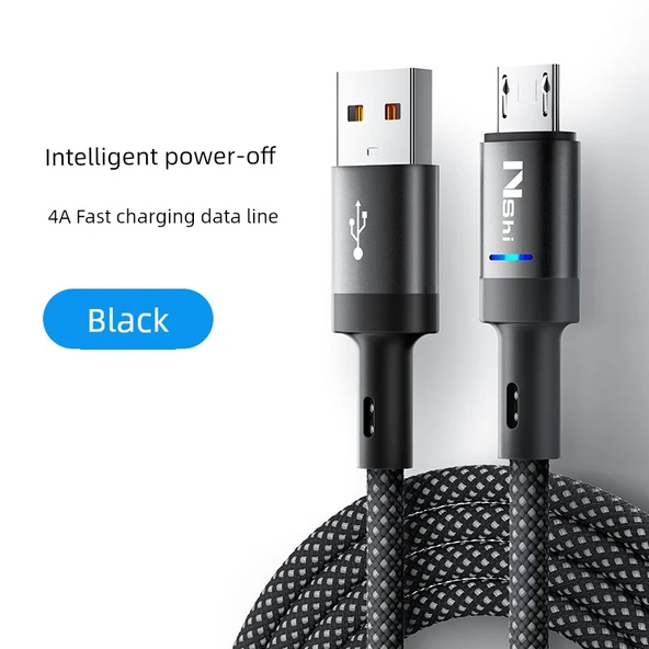 1m Siyah Otomatik Kapanan 4A Hızlı Şarj Micro USB Data Kablosu