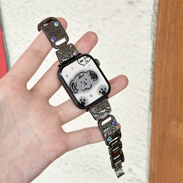 Metal Zirkon Köpek Desenli Apple Watch Kayışı - 40mm - iWatch 4/5/6/SE - Siyah