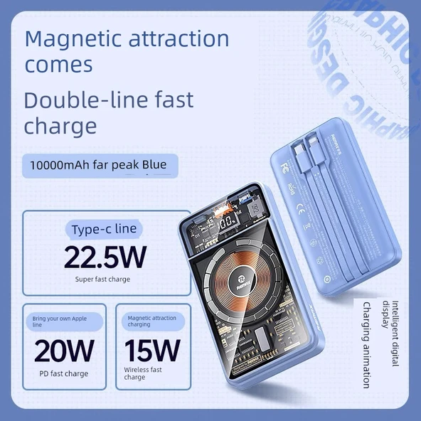 10000mAh Manyetik Kablosuz Powerbank - Far Peak Mavisi