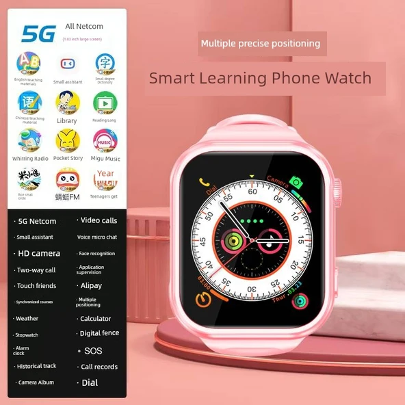 5G 4G Çocuk Akıllı Saat - Pembe Fotoğraf Sürümü - Arama, Konum, Fotoğraf, Alarm ve Uzun Bekleme