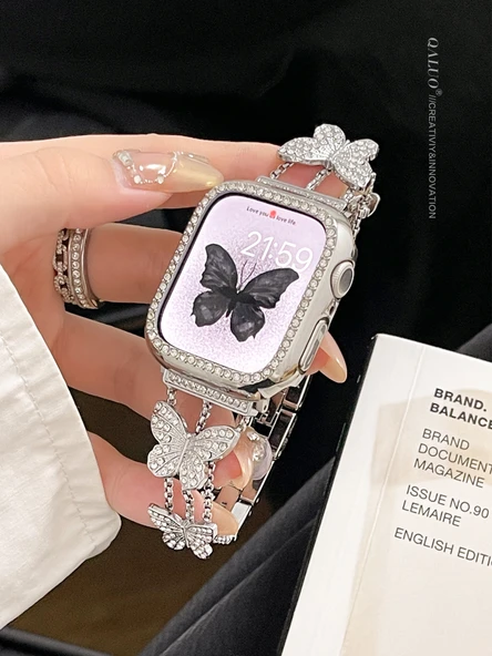 Tam Elmas Kelebekli ve Gümüş Taşlı Apple Watch Kordonu - 45mm