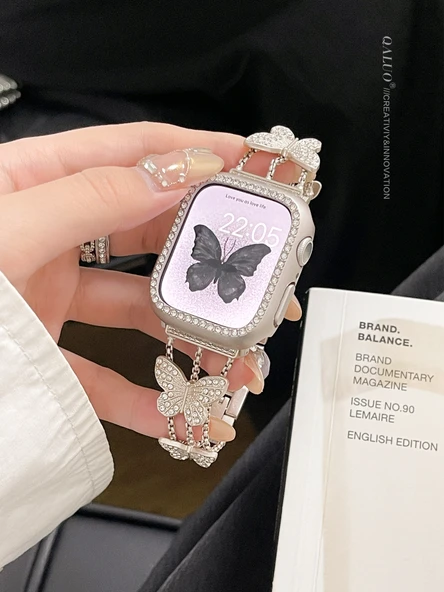 Elmas Kelebekli ve Yıldız Işığı Taşlı Apple Watch Kordonu - 44mm