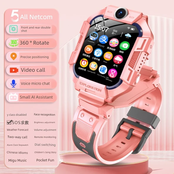GPS Akıllı Çocuk Saati - Açık Pembe, Tüm Netcom, 360 Dönebilen Çift Kamera, HD Ekran, Su Geçirmez