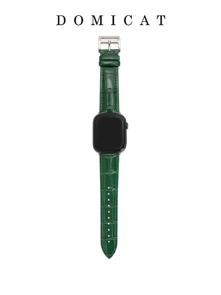 Apple Watch 4/5/6 44mm Gümüş Tokalı Timsah Derisi Yeşil Kordon