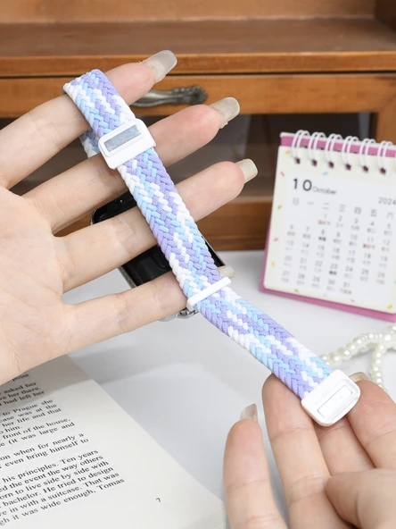 Oppo Bracelet 2 Uyumlu Lacivert Elastik Örgü Manyetik Tokalı Kordon [Metalik Siyah Çerçeve] - 5