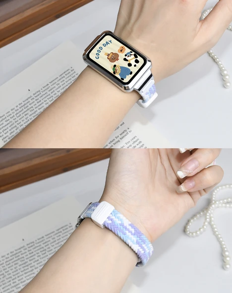 Oppo Bracelet 2 Uyumlu Lacivert Elastik Örgü Manyetik Tokalı Kordon [Metalik Siyah Çerçeve] - 10