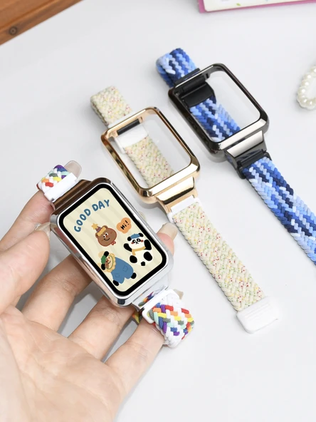 Oppo Bracelet 2 Uyumlu Lacivert Elastik Örgü Manyetik Tokalı Kordon [Metalik Siyah Çerçeve] - 3