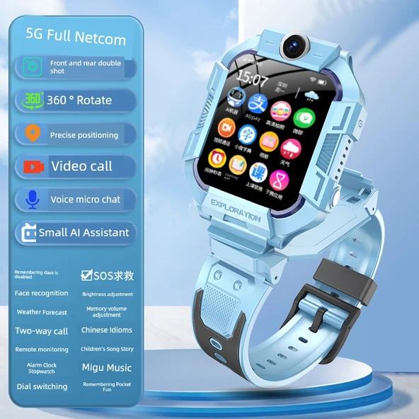 GPS Akıllı Çocuk Saati - Mavi, Tüm Netcom, 360 Dönebilen Çift Kamera, HD Ekran, Su Geçirmez