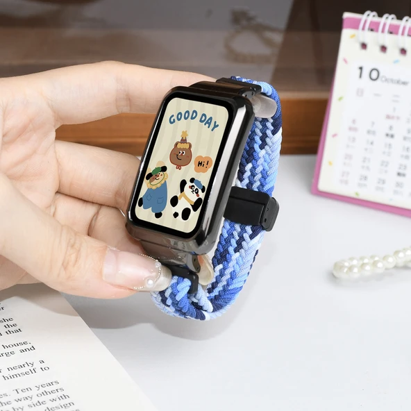 Oppo Bracelet 2 Uyumlu Lacivert Elastik Örgü Manyetik Tokalı Kordon [Metalik Siyah Çerçeve]