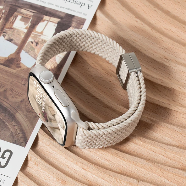 Apple Watch 1-10 SE Uyumlu 42mm İnce Örgü Mıknatıslı Tokalı Yıldız Desenli Kordon